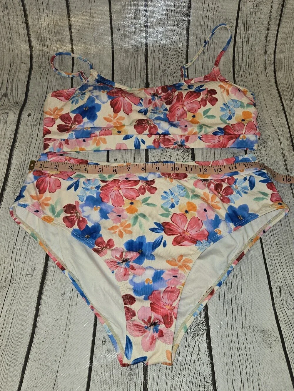 Cupshe Floral Ribbed Bikini Set High Waisted Tropical Swimsuit M/L - Picture 7 of 7
